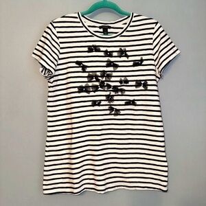 EUC Halogen Striped Tulle Bow Knit Short Sleeve Top Size Large